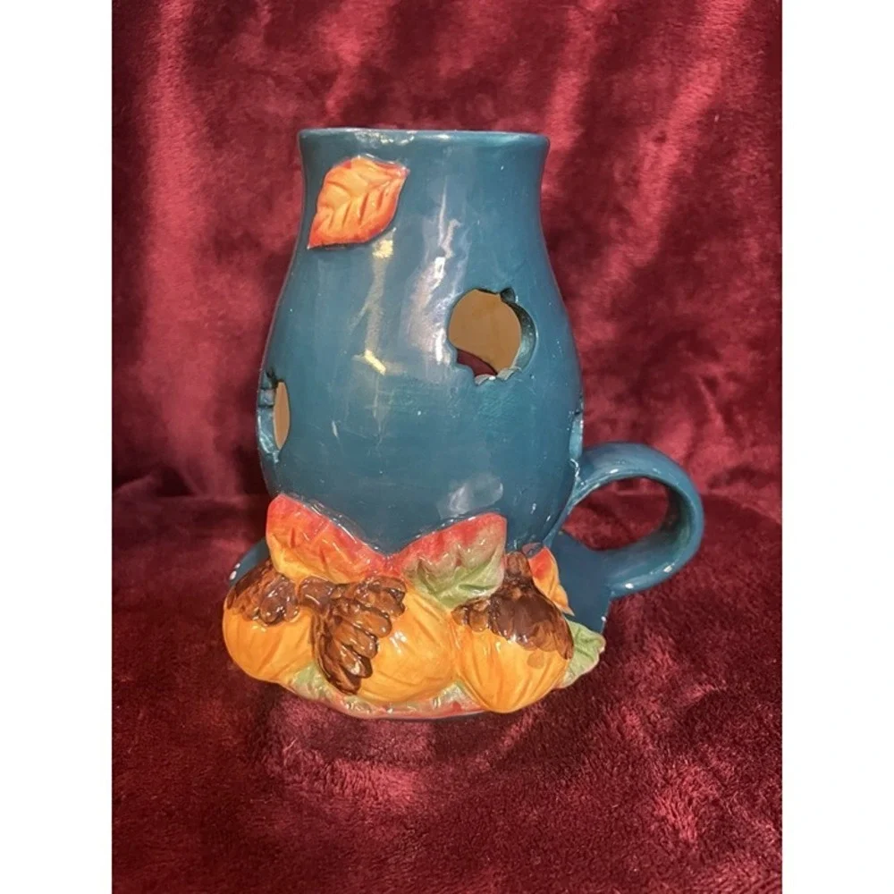 Teal Ceramic Candle Illuminating Holder For Fall Acorns &‎ Leave Cut Outs (40)